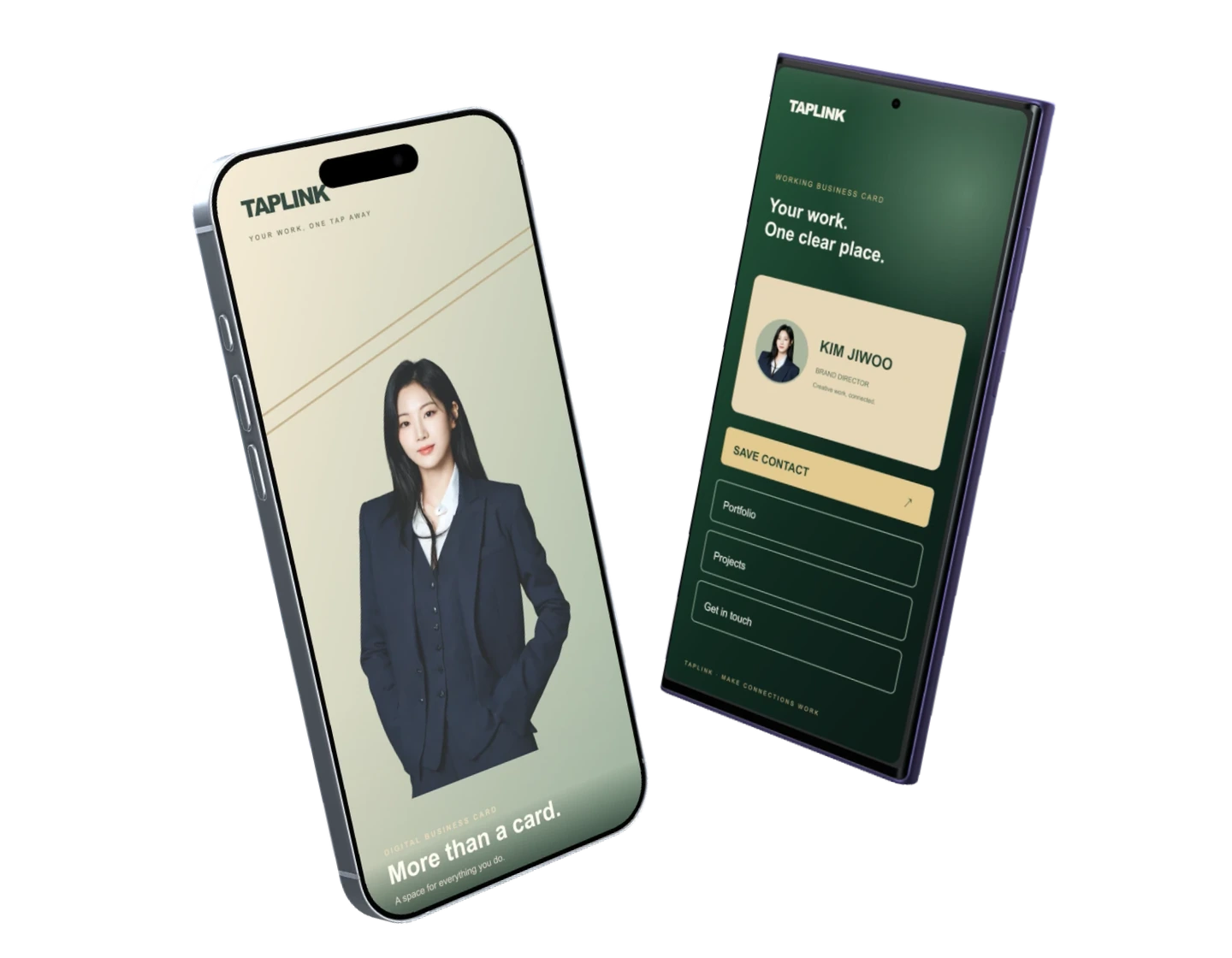 TAPLINK 디지털 명함을 보여주는 아이폰과 갤럭시 목업